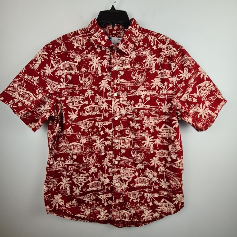Old Navy Everyday Shirt Red Tropical Surf Hawaiian Short Sleeve Cotton Large